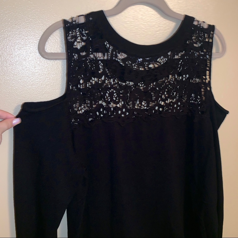 Cold Shoulder Black Tunic Sweater W/ Lace Details